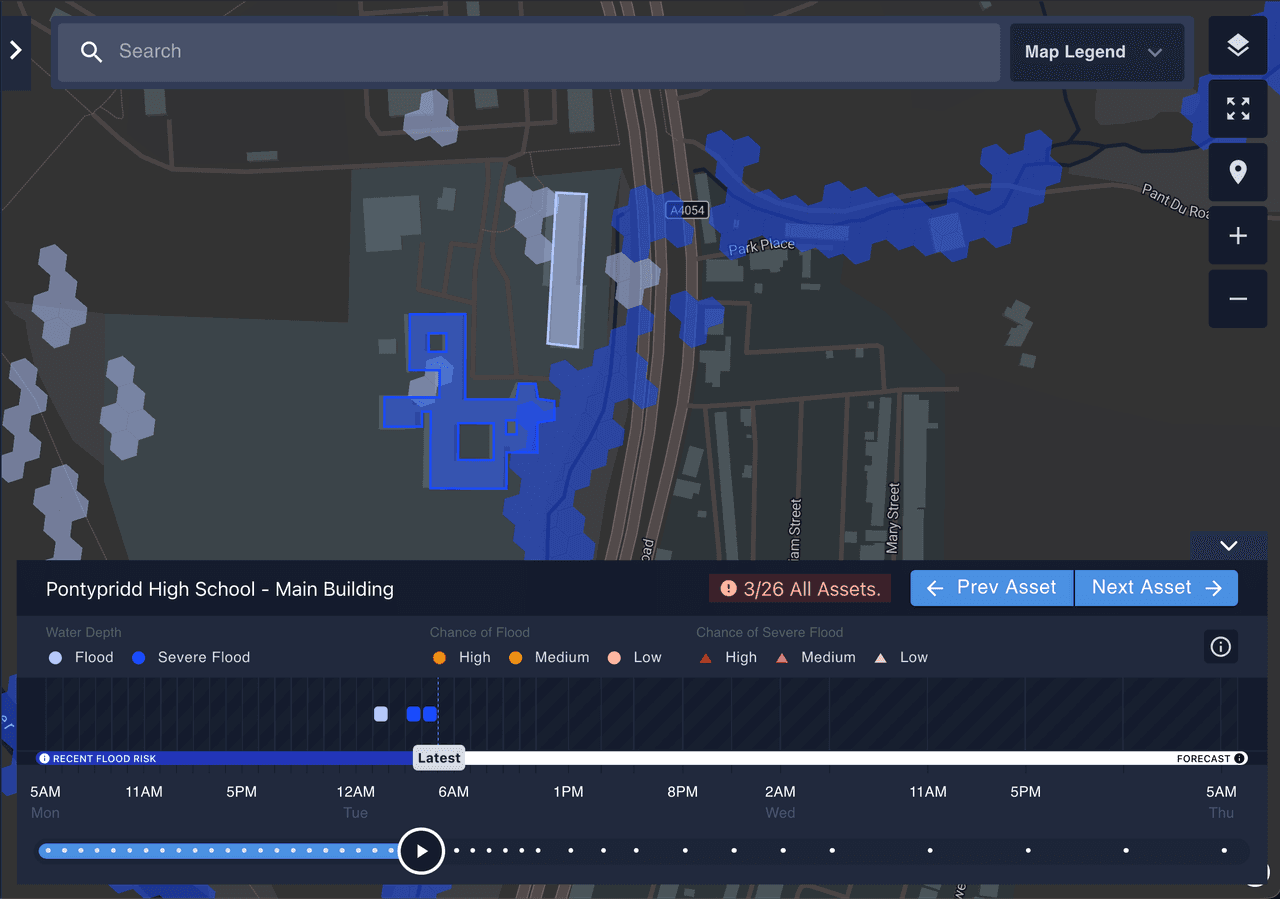Flood forecast map of Pontypridd High School showing flood and severe flood areas, with an hourly forecast timeline